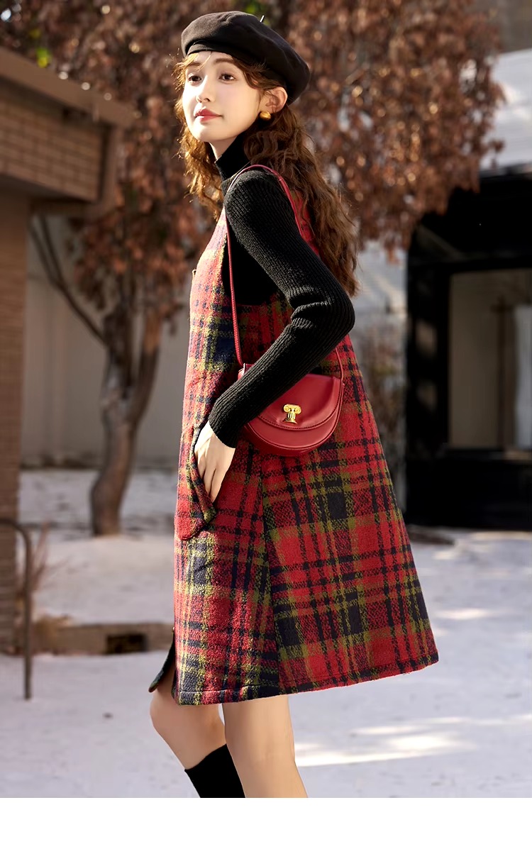 Vintage Button A-line Square Collar Plaid Woolen Mini Dress - Image 4