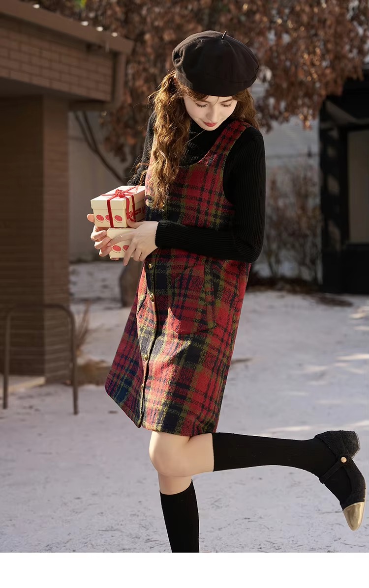 Vintage Button A-line Square Collar Plaid Woolen Mini Dress - Image 3