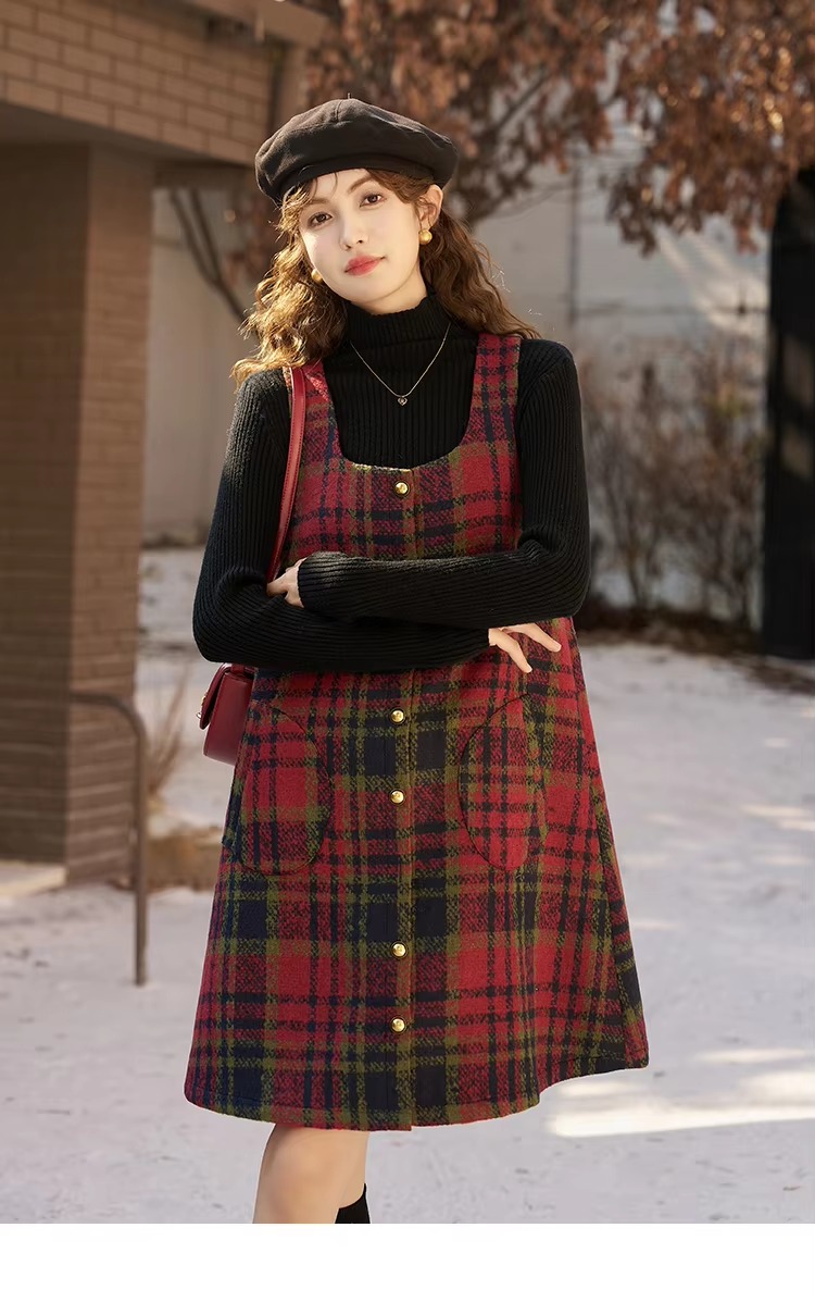 Vintage Button A-line Square Collar Plaid Woolen Mini Dress - Image 5