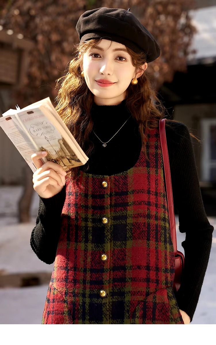 Vintage Button A-line Square Collar Plaid Woolen Mini Dress - Image 6