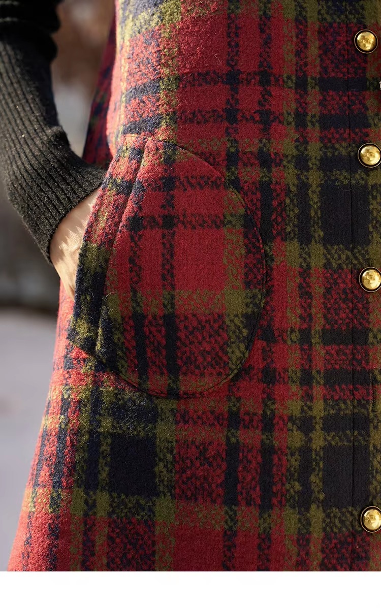 Vintage Button A-line Square Collar Plaid Woolen Mini Dress - Image 7