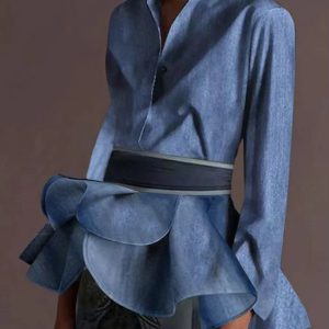 Vintage Buttoned Ruffled Lapel with Belted Class Long Sleeves Shirts Tops