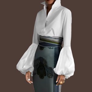 Elegant Solid Long Sleeves Buttoned Ruffled Lapel with Belted Vintage Shirts Tops