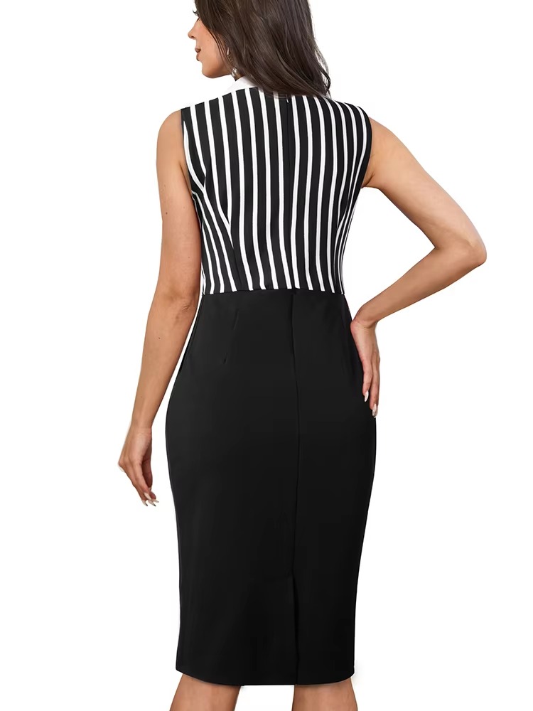 Vintage Classy Turn-Down Collar Patchwork Bodycon Dress - Image 3