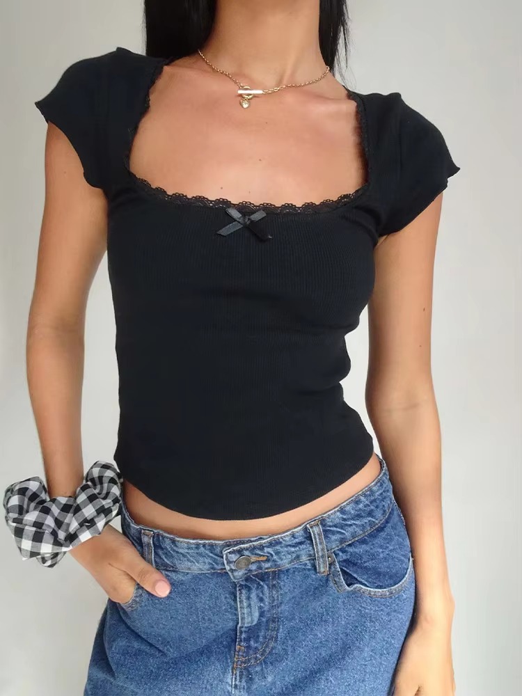 Vintage Cottage Lace Trim Knitted Square Neck Crop Top - Image 4