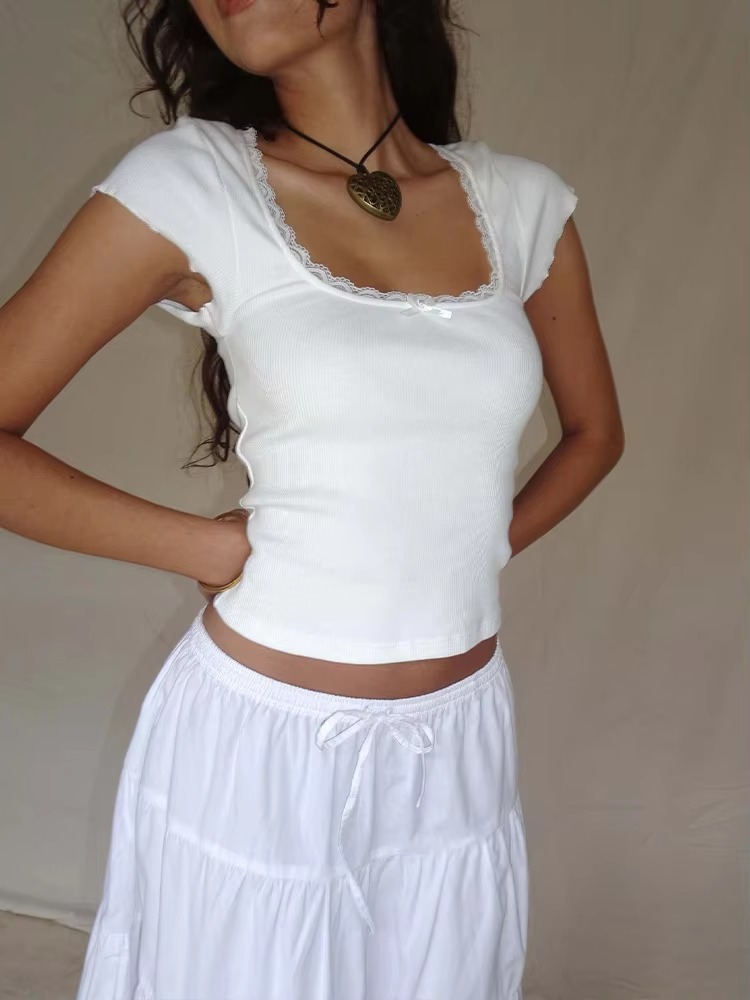 Vintage Cottage Lace Trim Knitted Square Neck Crop Top - Image 3