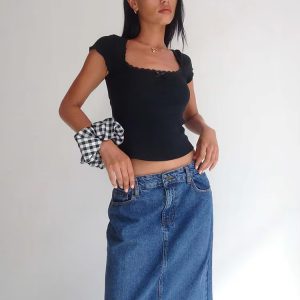 Vintage Cottage Lace Trim Knitted Square Neck Crop Top