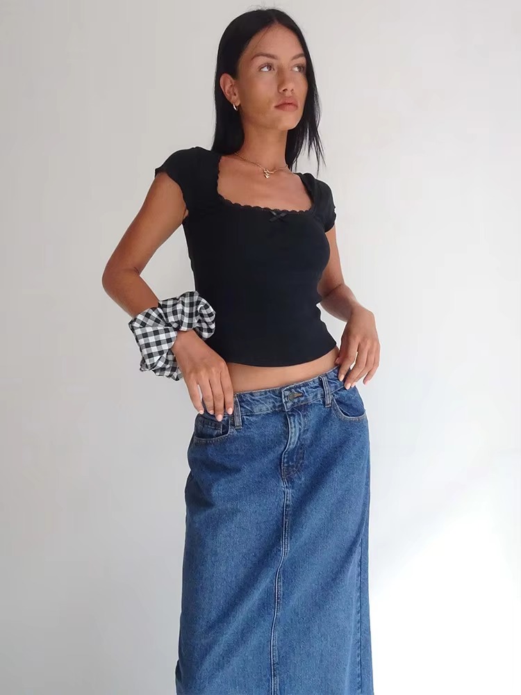 Vintage Cottage Lace Trim Knitted Square Neck Crop Top