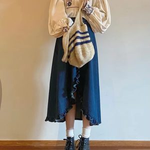 Vintage Embroidered high collar Lantern Sleeve zipper fly Chic Streetwear Shirt skirt