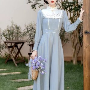 Vintage Embroidery Floral Lantern Sleeve Midi Dress