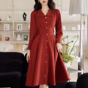 Vintage French Style Bandage Turn Down Collar Midi Dress
