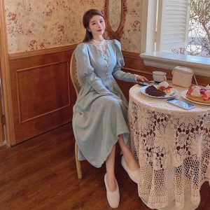 Vintage French Style Puff Sleeve Half High Collar Patchwork Princess Dress