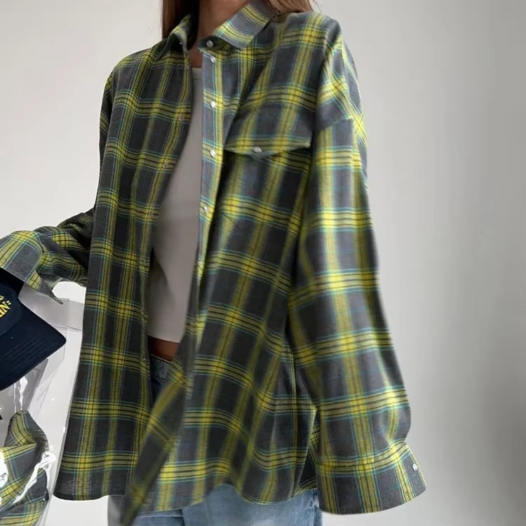 Vintage Long Sleeve Plaid Lapel Pocket Oversized Shirt - Image 2