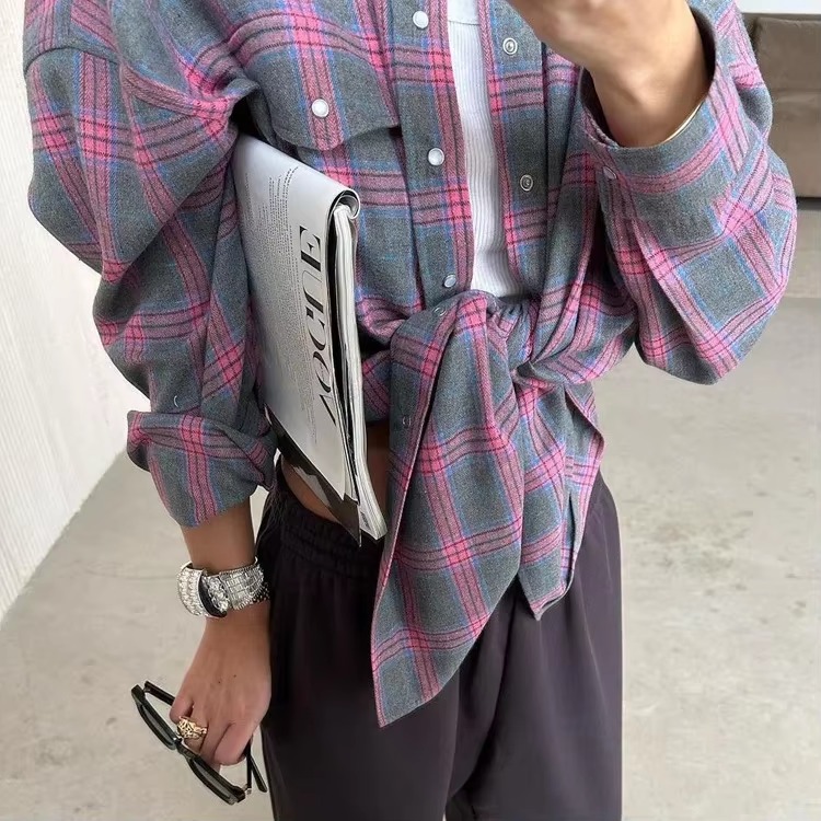 Vintage Long Sleeve Plaid Lapel Pocket Oversized Shirt - Image 6