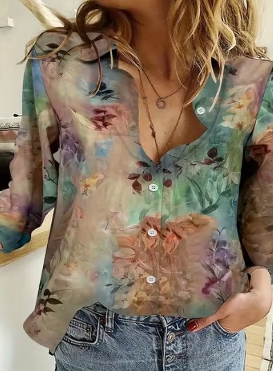 Vintage Long Sleeve Single-Breasted Lapel Printed Shirt - Image 2