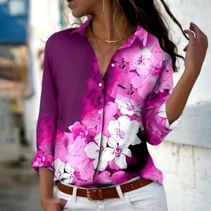 Vintage Long Sleeve Single-Breasted Lapel Printed Shirt