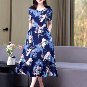 Casual O-Neck Print Knee-Length Non Stretch Midi Dress