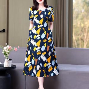 Casual O-Neck Print Knee-Length Slim Midi Dress