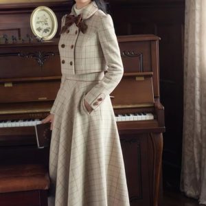 Vintage Plaid Bow Double-breasted Long Sleeve Coat And Skirt 2 Piece Suit