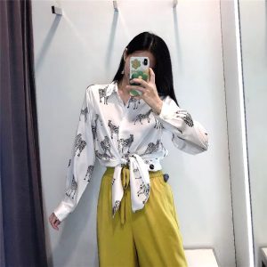 Vintage Single Breasted Long Sleeve Leopard Print Chiffon Blouse