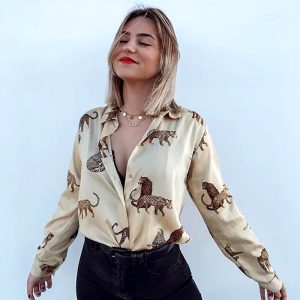 Vintage Single Breasted Leopard Print Chiffon Blouse