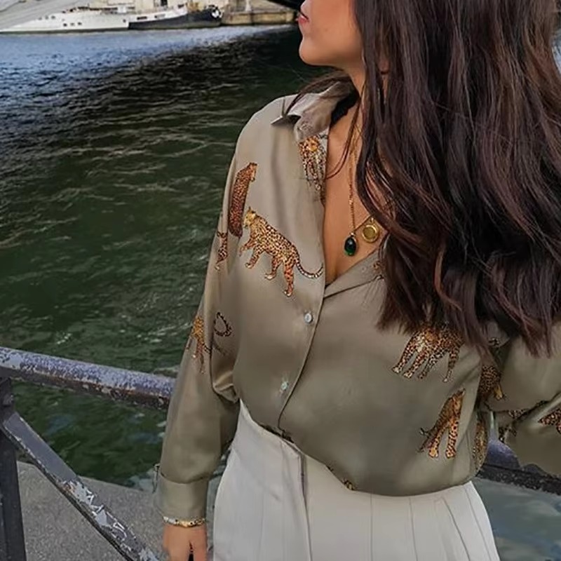 Vintage Single Breasted Leopard Print Chiffon Blouse - Image 2