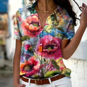 Vintage Turn-down Collar Button Print Blouse Shirt