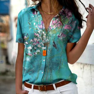 Vintage Turn-down Collar Short Sleeve Button Print Blouse Shirt