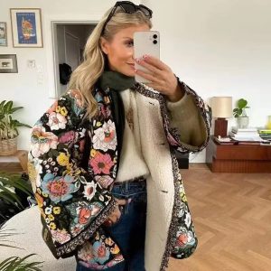 Vintage Tweed Warm Flower Printed Quilted Jacket