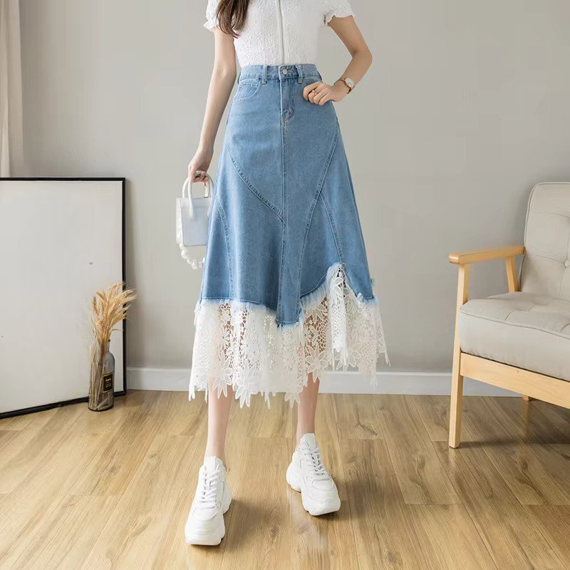 Lace Patchwork Denim High Waist Irregular Fashion Elegant Midi Skirts