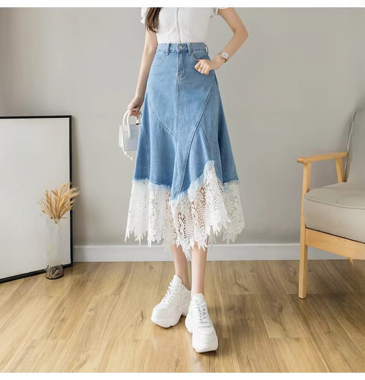 Lace Patchwork Denim High Waist Irregular Fashion Elegant Midi Skirts - Image 7