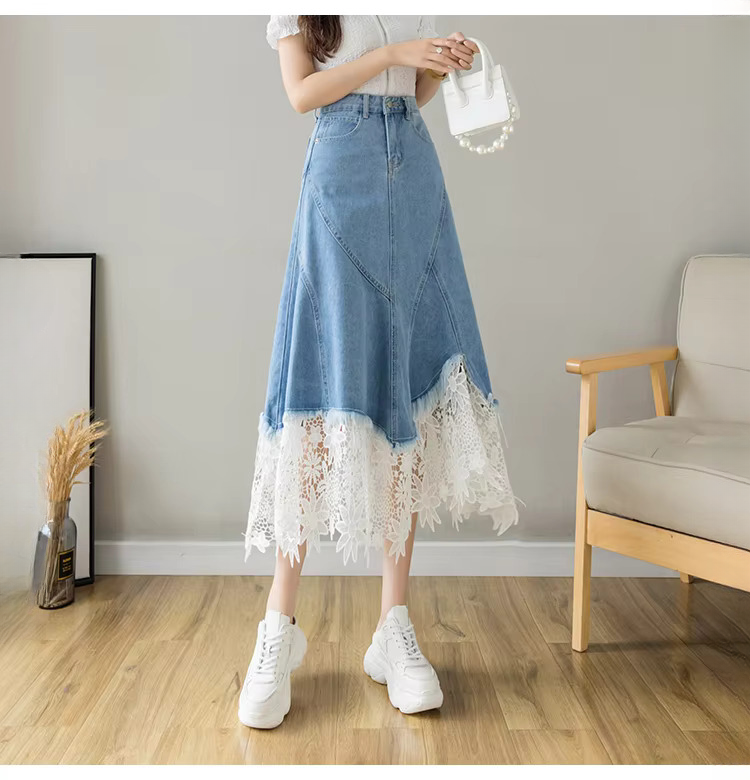 Lace Patchwork Denim High Waist Irregular Fashion Elegant Midi Skirts - Image 6