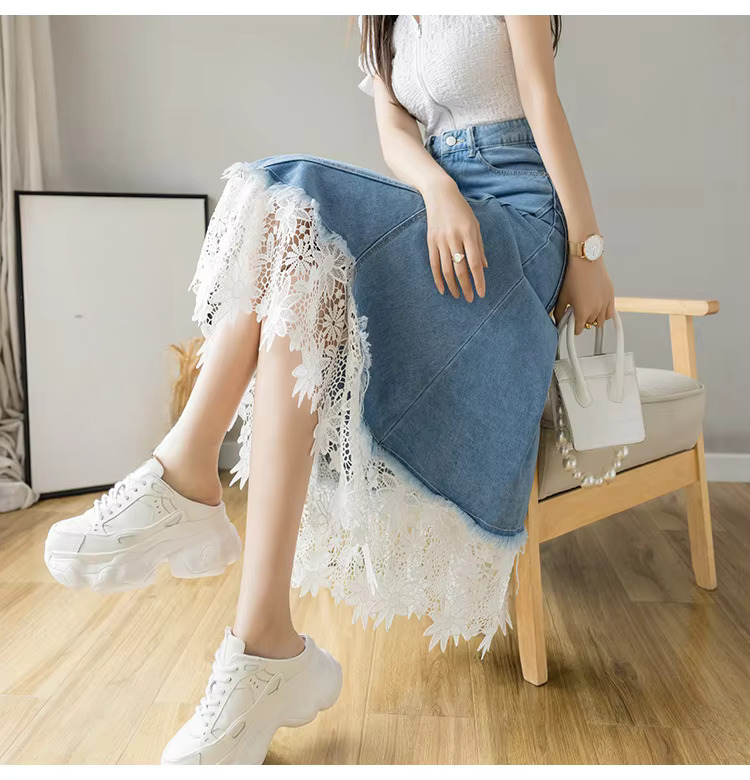 Lace Patchwork Denim High Waist Irregular Fashion Elegant Midi Skirts - Image 5