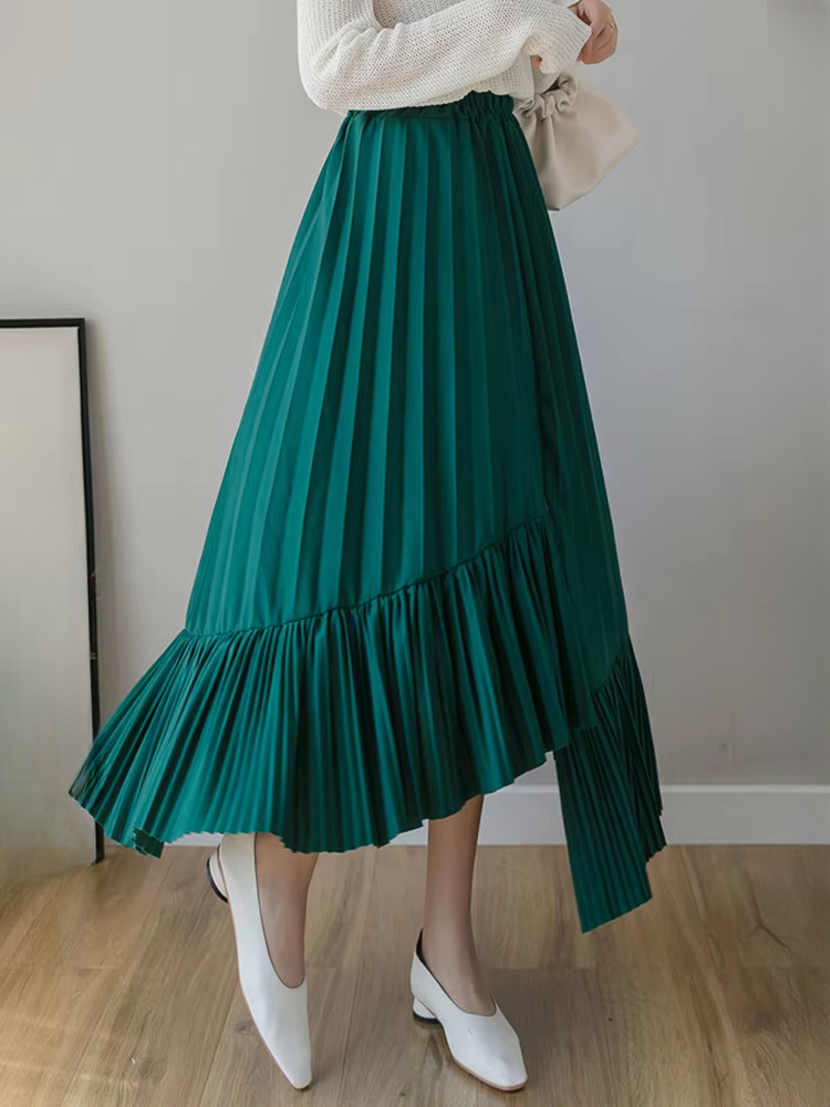 Pleated Irregular High Waist Solid Fashion Elegant And Vintage Midi Skirts - Image 7