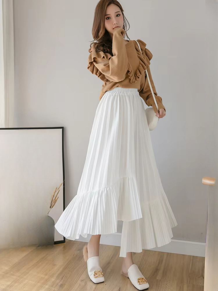 Pleated Irregular High Waist Solid Fashion Elegant And Vintage Midi Skirts - Image 5