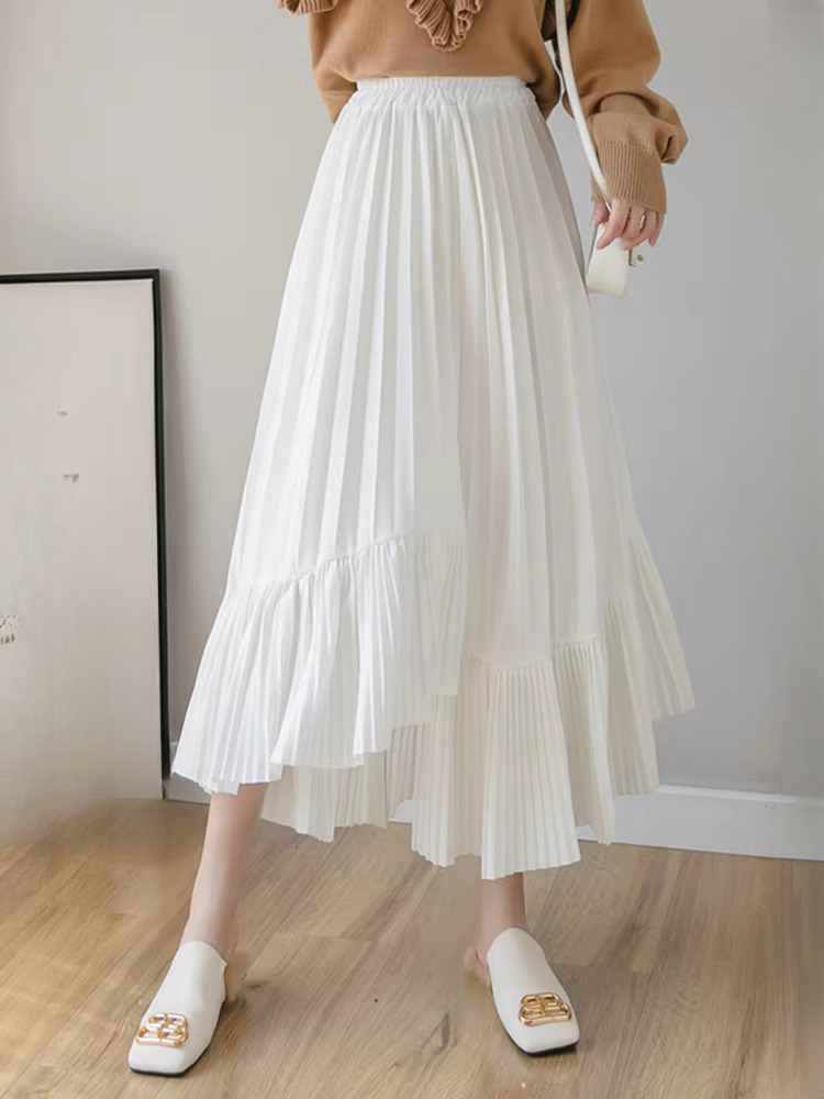 Pleated Irregular High Waist Solid Fashion Elegant And Vintage Midi Skirts
