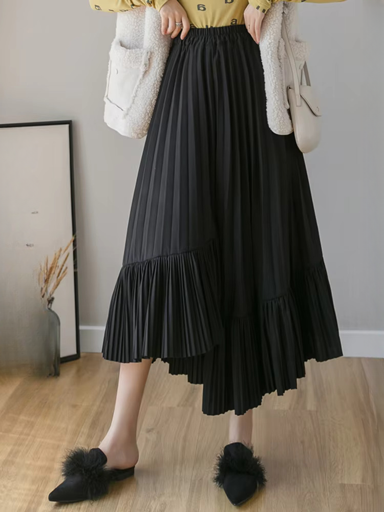 Pleated Irregular High Waist Solid Fashion Elegant And Vintage Midi Skirts - Image 13