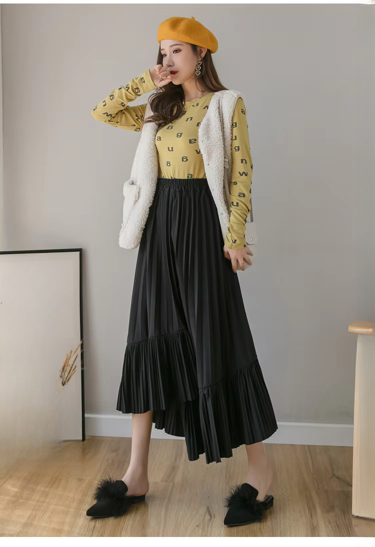Pleated Irregular High Waist Solid Fashion Elegant And Vintage Midi Skirts - Image 10
