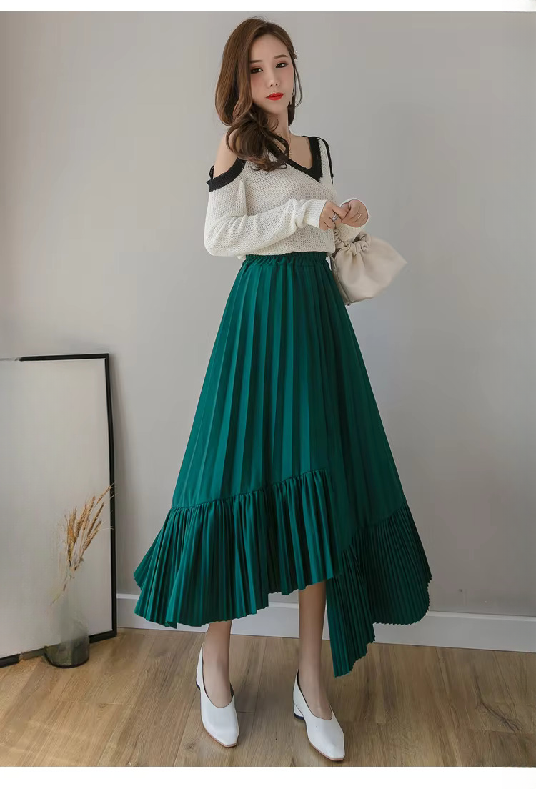 Pleated Irregular High Waist Solid Fashion Elegant And Vintage Midi Skirts - Image 8