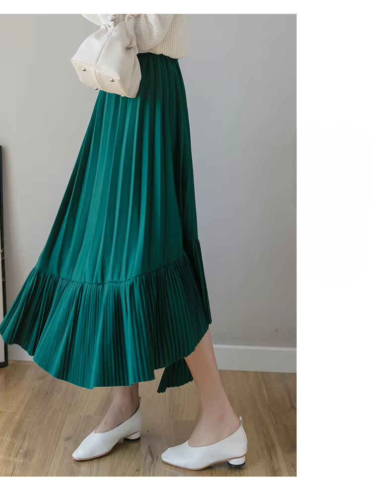 Pleated Irregular High Waist Solid Fashion Elegant And Vintage Midi Skirts - Image 9
