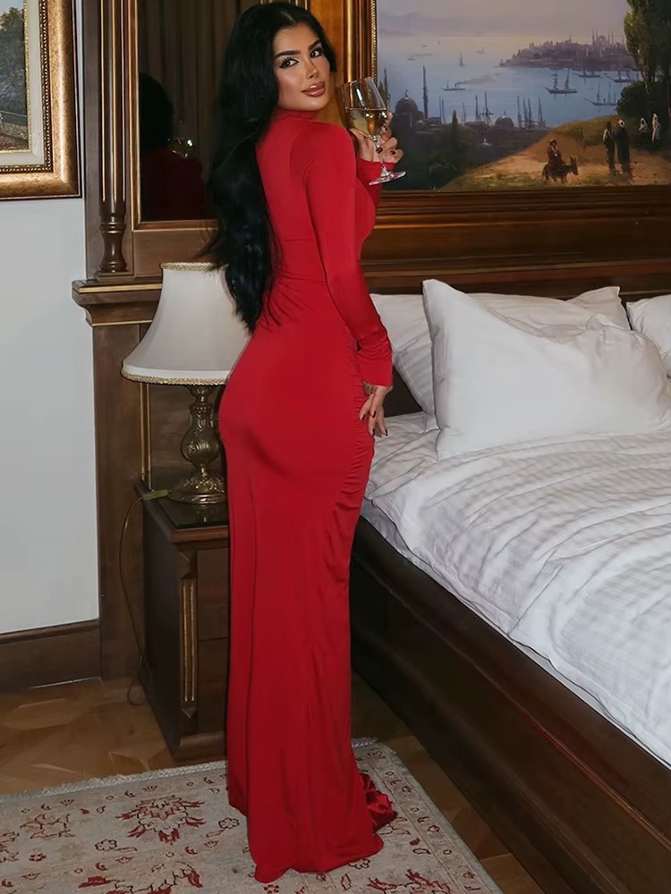 Elegant Turtleneck Hollow Out Side Slit Flower Maxi Dress - Image 6