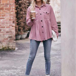 Elegant 2 Pocket Lapel Single-breasted Thicken Blouses Warm Long Sleeve T-shirt