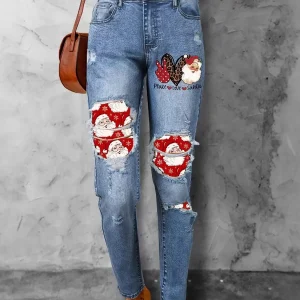 Chic Natural Waist Christmas Pattern Distressed Ankle Length Jeans