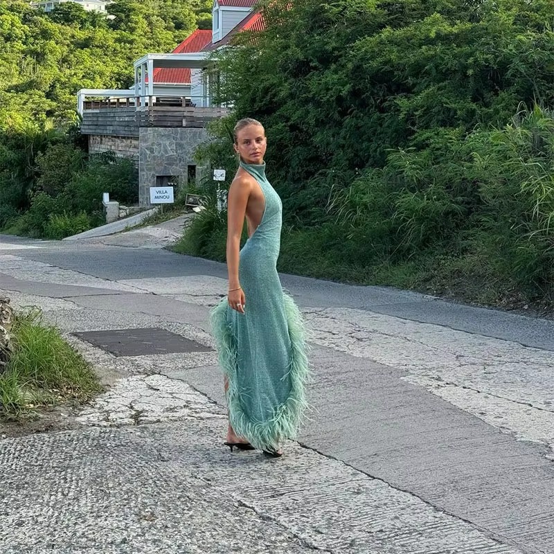 Asymmetric Feather Hem Evening Party Backless Slim Midi Dress - Image 7