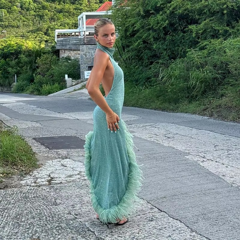 Asymmetric Feather Hem Evening Party Backless Slim Midi Dress - Image 8