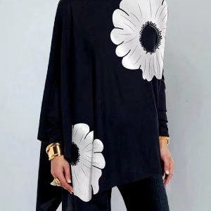 Asymmetric Floral Printed High Neck Long Sleeves Loose Split-Joint Casual T-Shirts