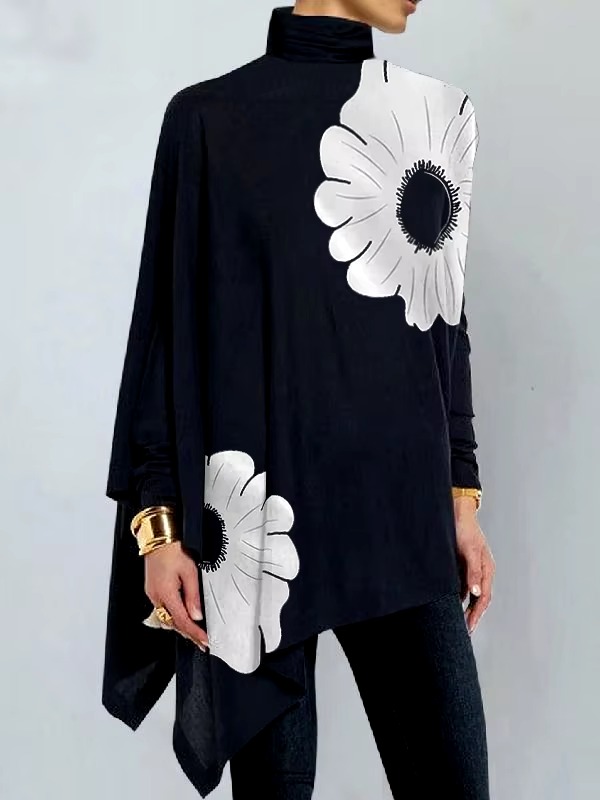 Asymmetric Floral Printed High Neck Long Sleeves Loose Split-Joint Casual T-Shirts