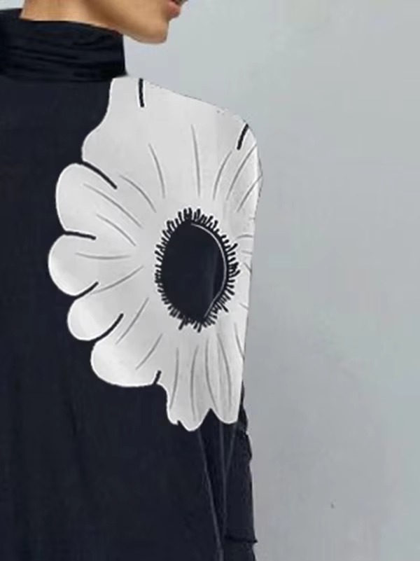 Asymmetric Floral Printed High Neck Long Sleeves Loose Split-Joint Casual T-Shirts - Image 2