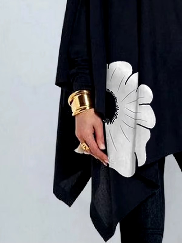 Asymmetric Floral Printed High Neck Long Sleeves Loose Split-Joint Casual T-Shirts - Image 3