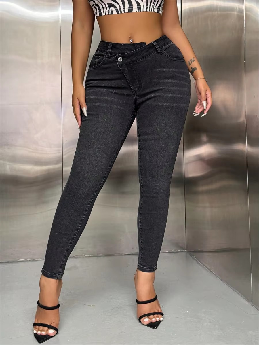 Asymmetrical Waist Slim Fit High Stretch Pencil Pants Skinny Jeans - Image 2